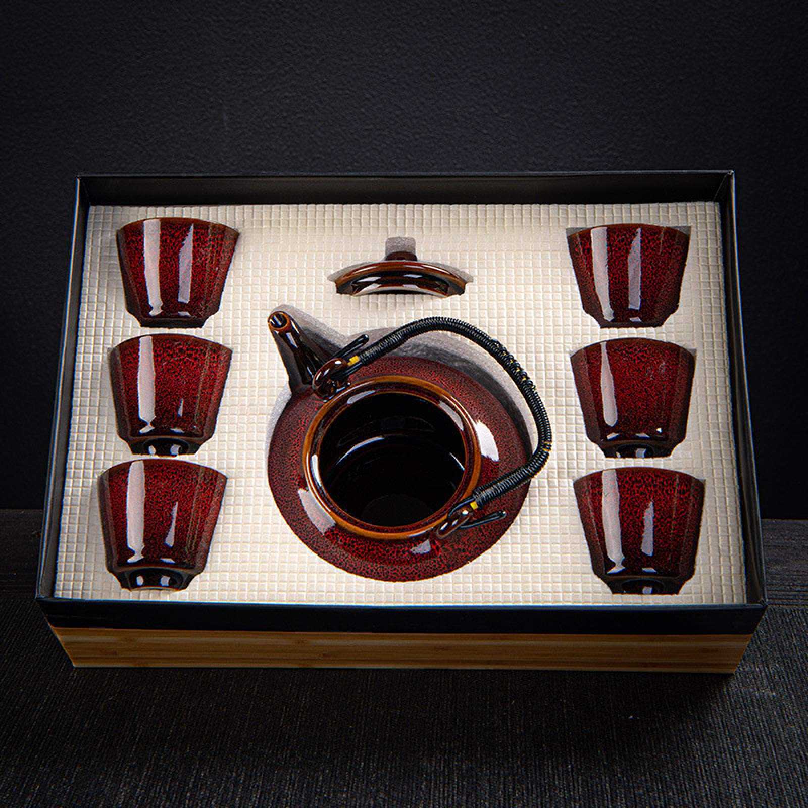 Ceramic tea set, Japanese tea cups, red glaze, 6 cups and 1 teapot.