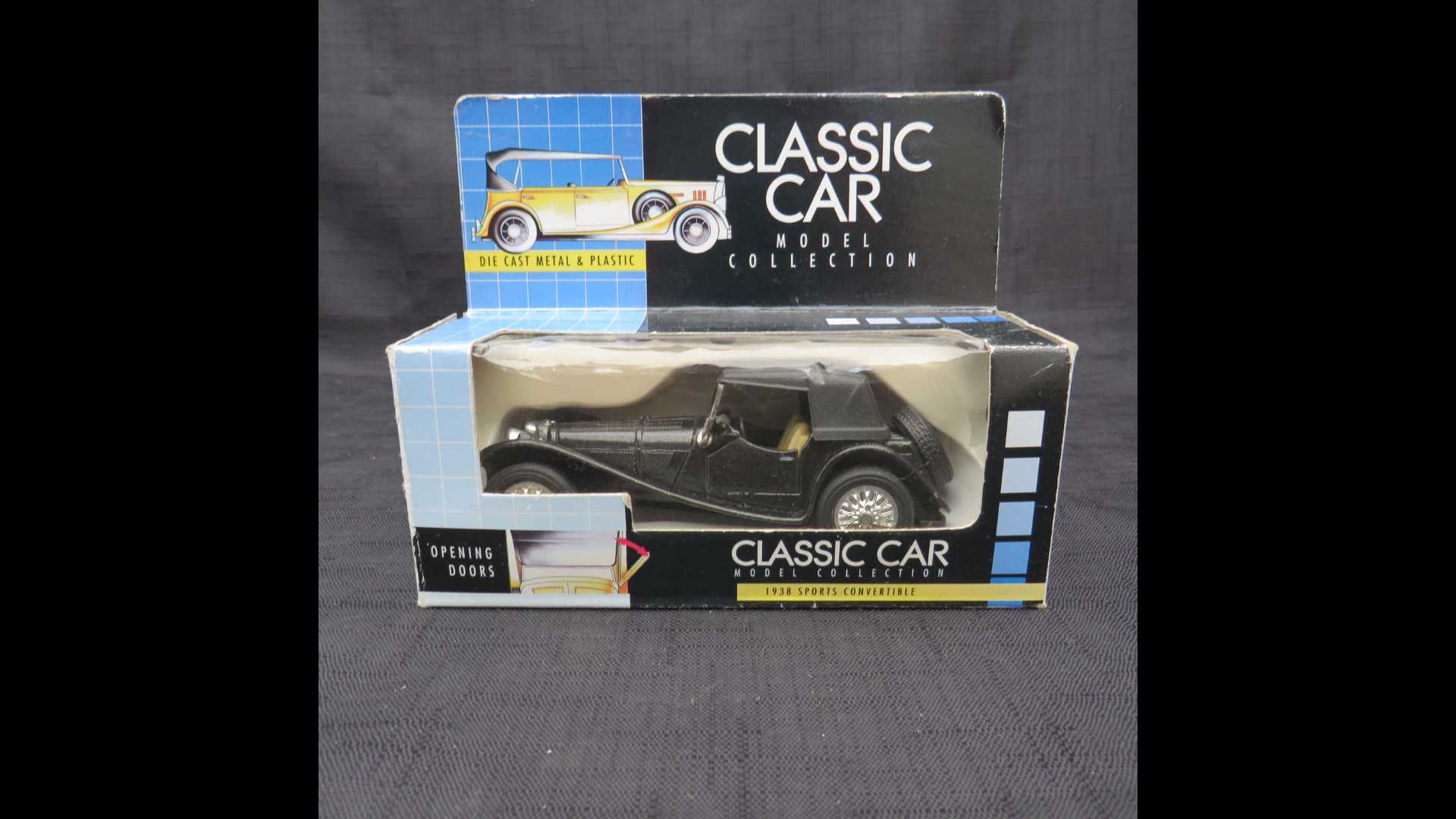 Collection of vintage classic cars: sports convertibles with open doors, diecast and plastic models.