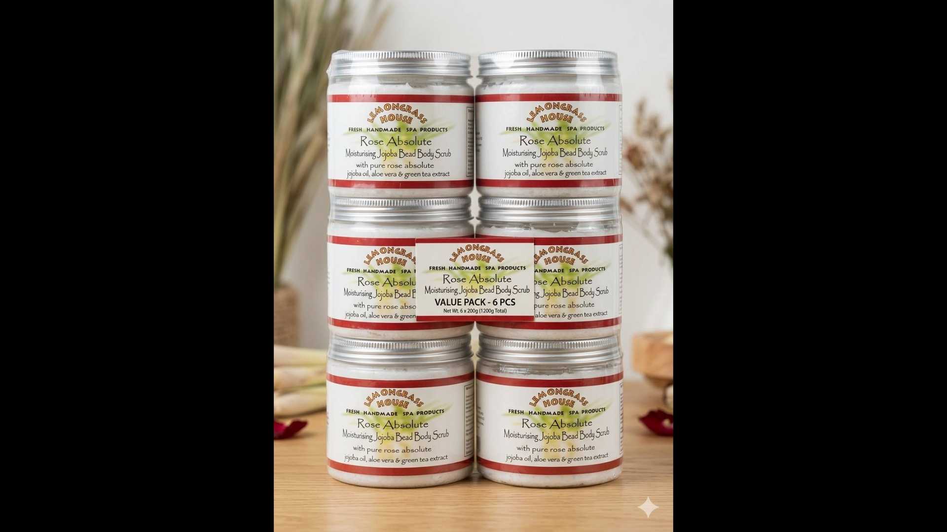 Moisturizing body scrub with jojoba beads and rose extract from Lemongrass House, 6 pcs. per pack.